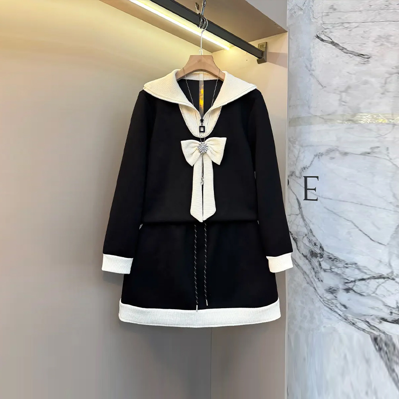 拼色翻领长袖上衣（两件套）短裙