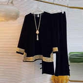 女装 花朵底摆圆领丝绒上衣新中式 气质胖MM休闲盘扣裤 大码 脚喇叭裤