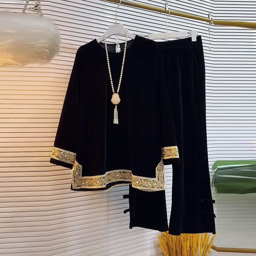 大码女装丝绒上衣新中式喇叭裤