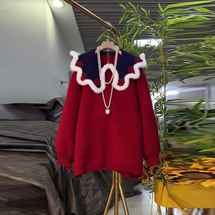 2026新年款 女装 洋气红色卫衣 上衣大码 胖妹妹披肩领毛毛波浪边长袖