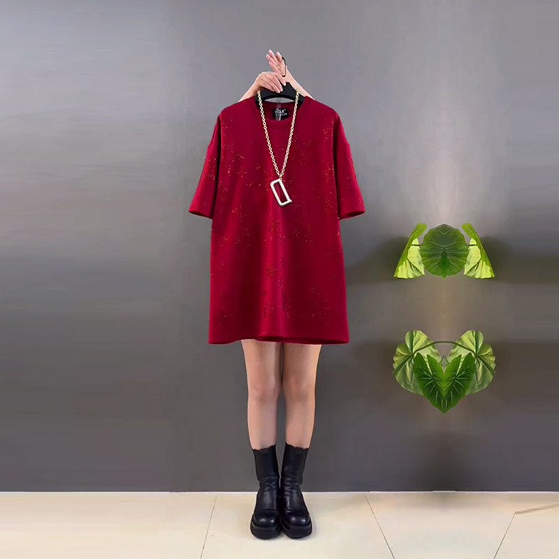 胖妹妹圆领短袖亮钻星星T恤衫