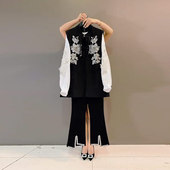 衬衫 加大码 女装 胖MM立领盘扣花朵国风马甲亮片长袖 显瘦遮肉休闲裤