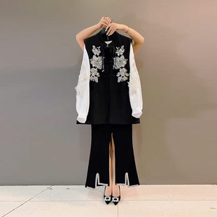 显瘦遮肉休闲裤 胖MM立领盘扣花朵国风马甲亮片长袖 女装 加大码 衬衫