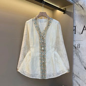 收腰上衣法式 款 设计感大码 胖妹妹加肥V领拼色边长袖 女装 秋季 小衫