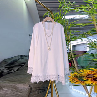 加肥女蕾丝边圆领短袖上衣宽松遮肚子胖妹妹韩版纯色简约百搭大衫