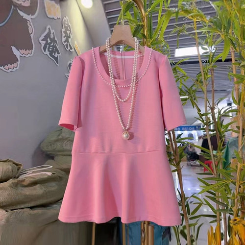 胖妹妹圆领钉珠边短袖上衣白