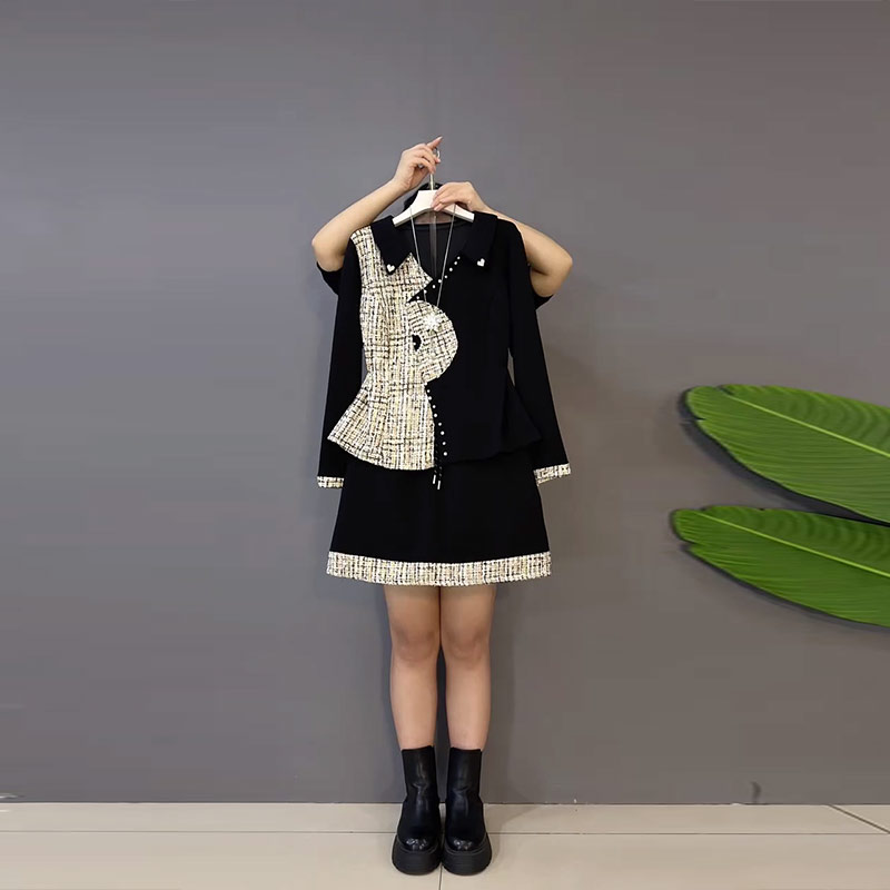 翻领拼色AB版长袖上衣短裙套装