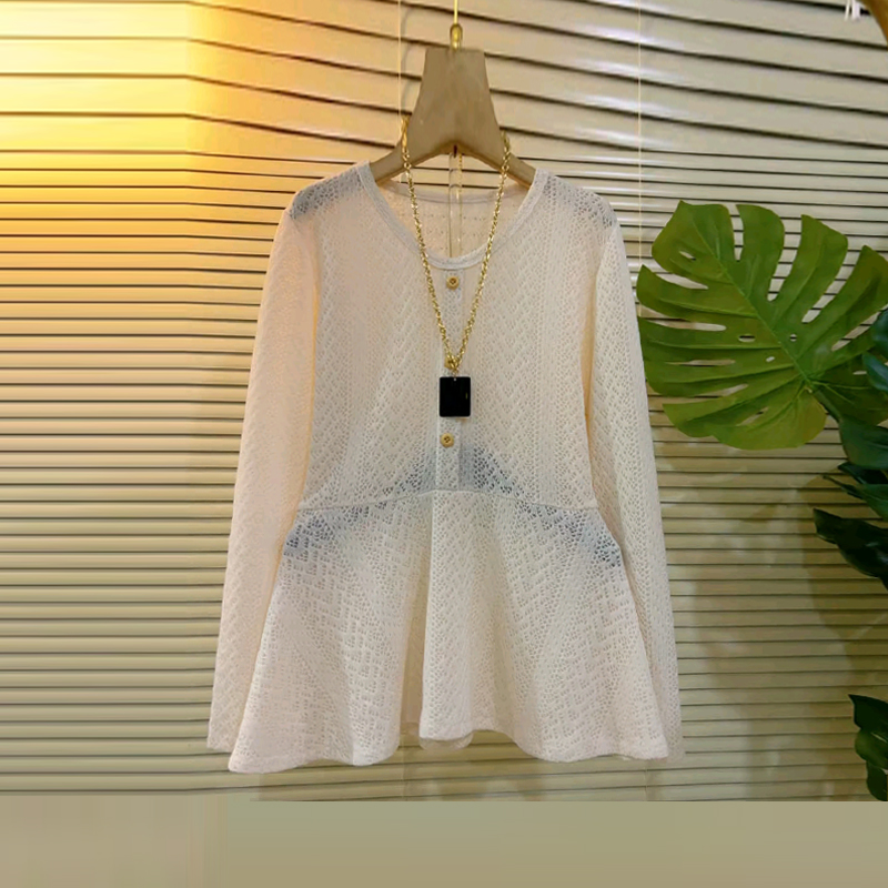 大码女装收腰长袖蕾丝小衫