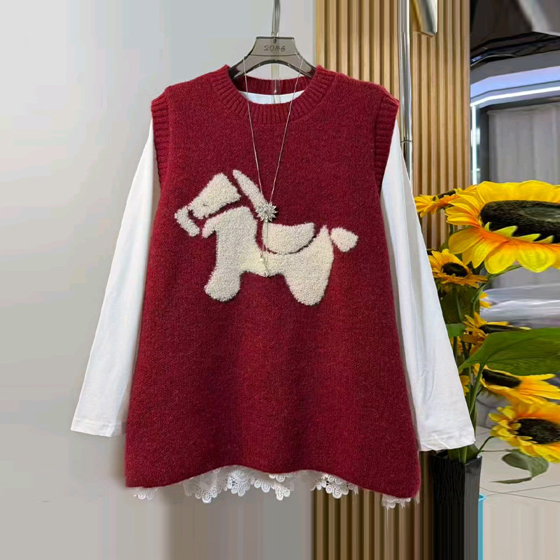 加大码女装卡通图案针织马甲胖妹妹纯色简约宽松蕾丝底摆圆领小衫,女装/女士精品,大码内搭,淘宝优惠券,粉丝福利购,淘宝优惠卷