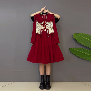 复古风两件套 女装 胖MM加肥流苏盘扣国风马甲娃娃领长袖 连衣裙大码