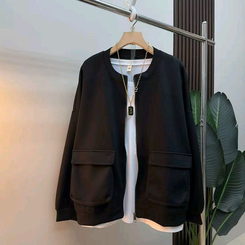 大码女装圆领长袖双兜开衫外套