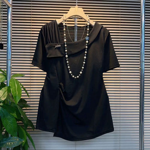 大码女装圆领短袖侧压褶小衫