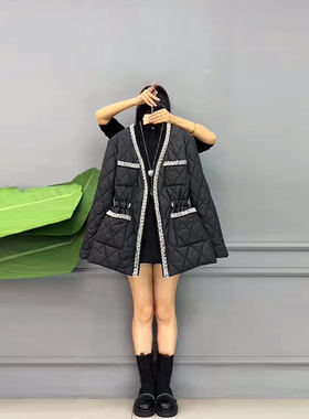 大码女装V领亮钻边长袖棉服