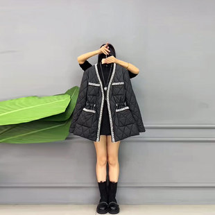 加肥V领亮钻边长袖 黑色显瘦轻薄棉服外套 棉上衣胖妹妹2025秋冬款