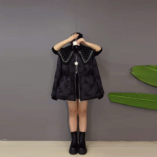 款 胖妹妹冬季 黑色显瘦保暖外套 棉服韩版 加肥亮钻娃娃领荷叶边长袖