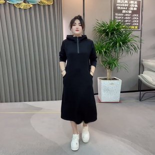 加肥大码女装连帽拉链长袖后开叉连衣裙胖妹妹时尚通勤显瘦休闲裙