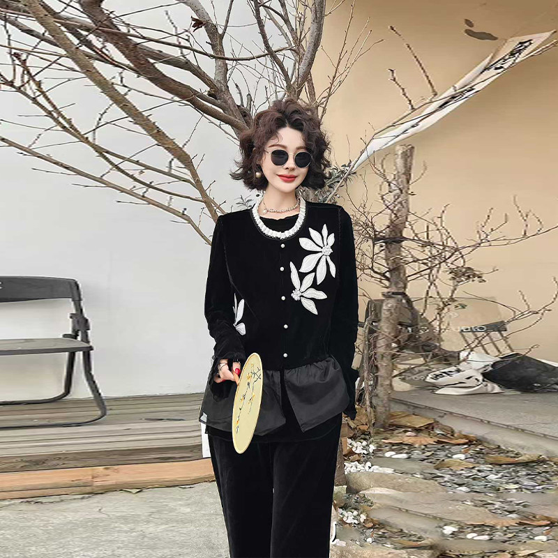 大码女装拼底摆花朵肩马甲-