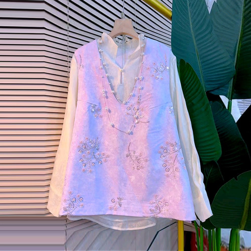 V领亮钻花马甲立领长袖打底衫