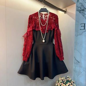 加肥拼接荷叶边蕾丝长袖拼色裙摆连衣裙大码女装韩版名媛风淑女裙