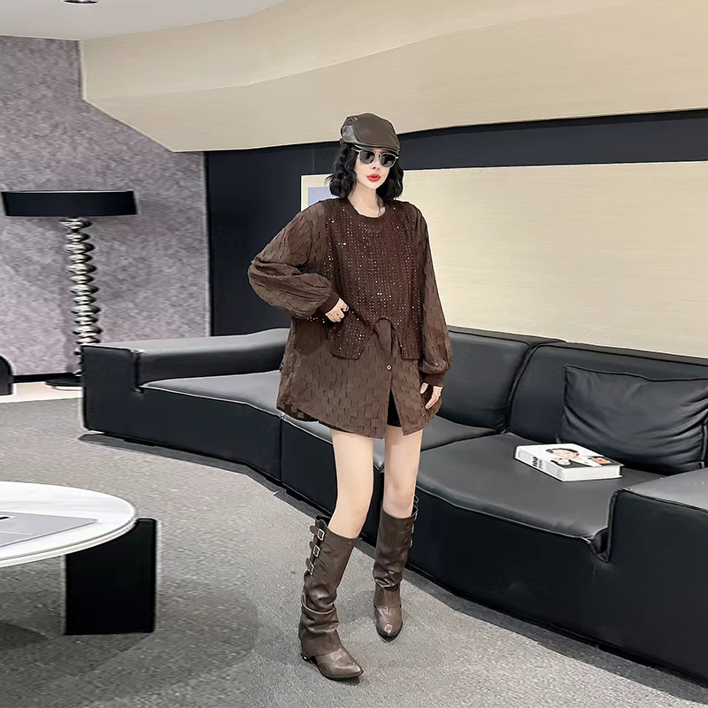 大码假两件亮片长袖小衫