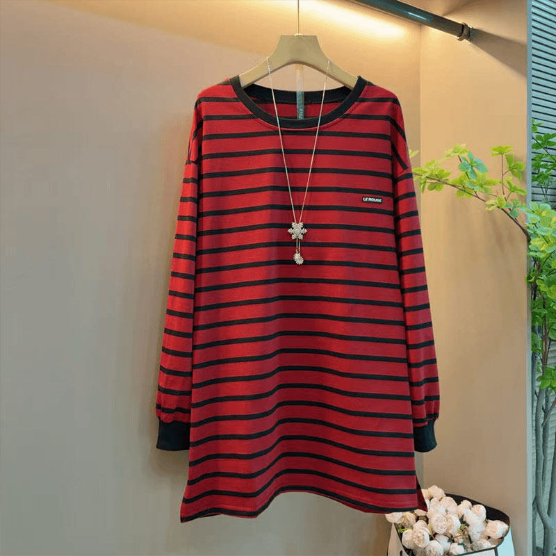 大码女装圆领长袖条纹上衣宽松遮肚子胖妹妹韩版减龄百搭休闲卫衣,女装/女士精品,大码内搭,淘宝优惠券,粉丝福利购,淘宝优惠卷