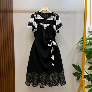加大码女装条纹短袖拼蕾丝裙摆假两件连衣裙胖妹妹复古风显瘦裙子
