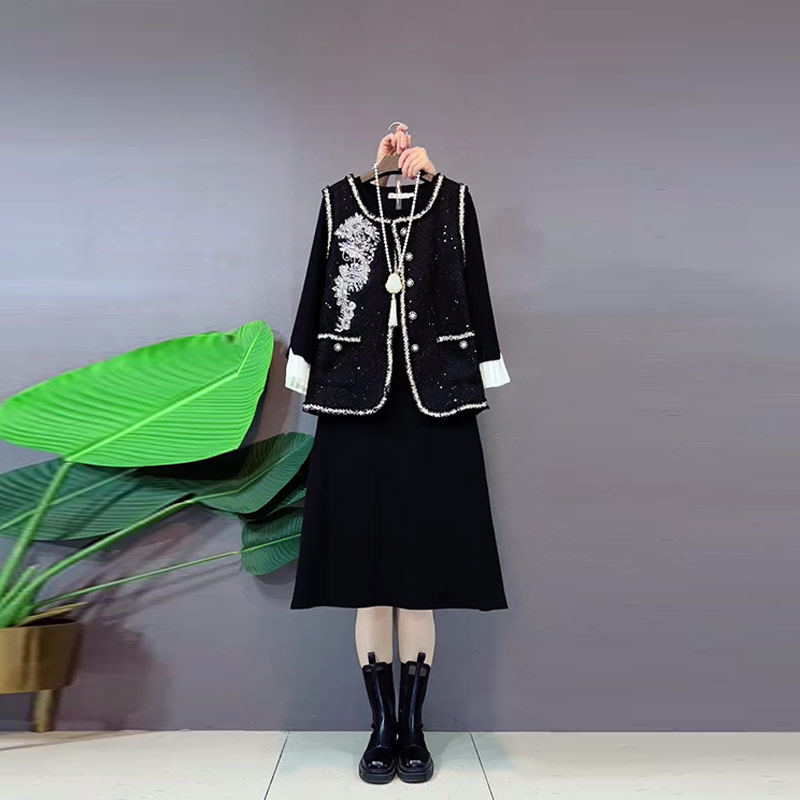 大码女装亮片花马甲胖妹妹时尚复古风洋气显瘦黑色拼色袖口连衣裙,女装/女士精品,大码内搭,淘宝优惠券,粉丝福利购,淘宝优惠卷