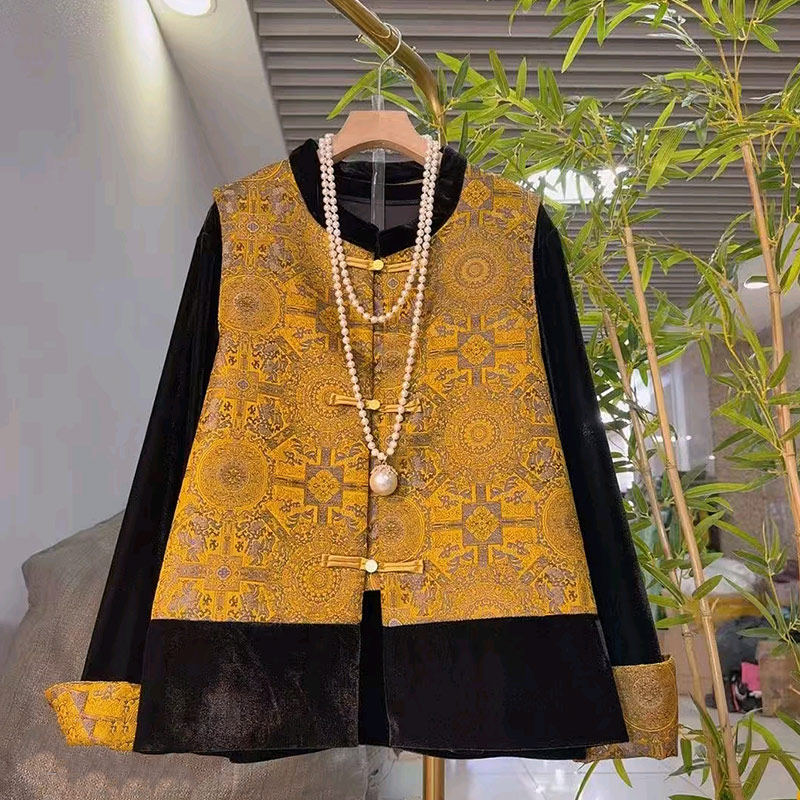 加大码女装盘扣花纹马甲拼色袖口小衫复古风胖妹妹减龄洋气两件套,女装/女士精品,大码套装,淘宝优惠券,粉丝福利购,淘宝优惠卷