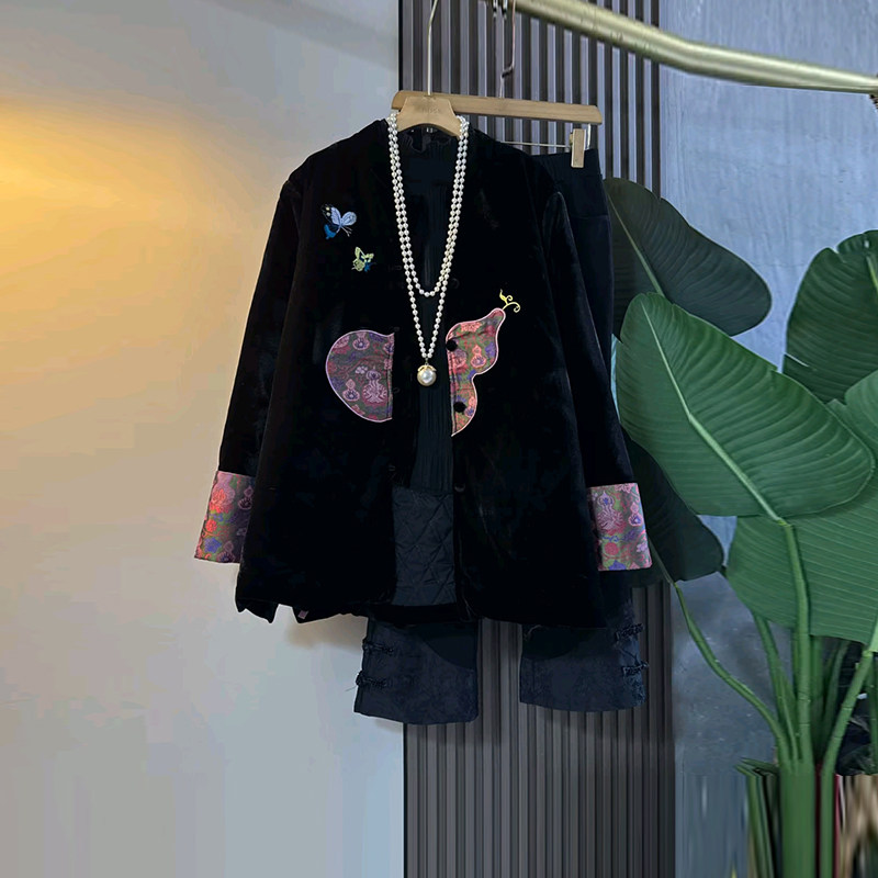 加大码女装拼色袖口丝绒国风外套胖妹妹黑色显瘦暗花盘扣裤脚裤子,女装/女士精品,常规大码外套,淘宝优惠券,粉丝福利购,淘宝优惠卷