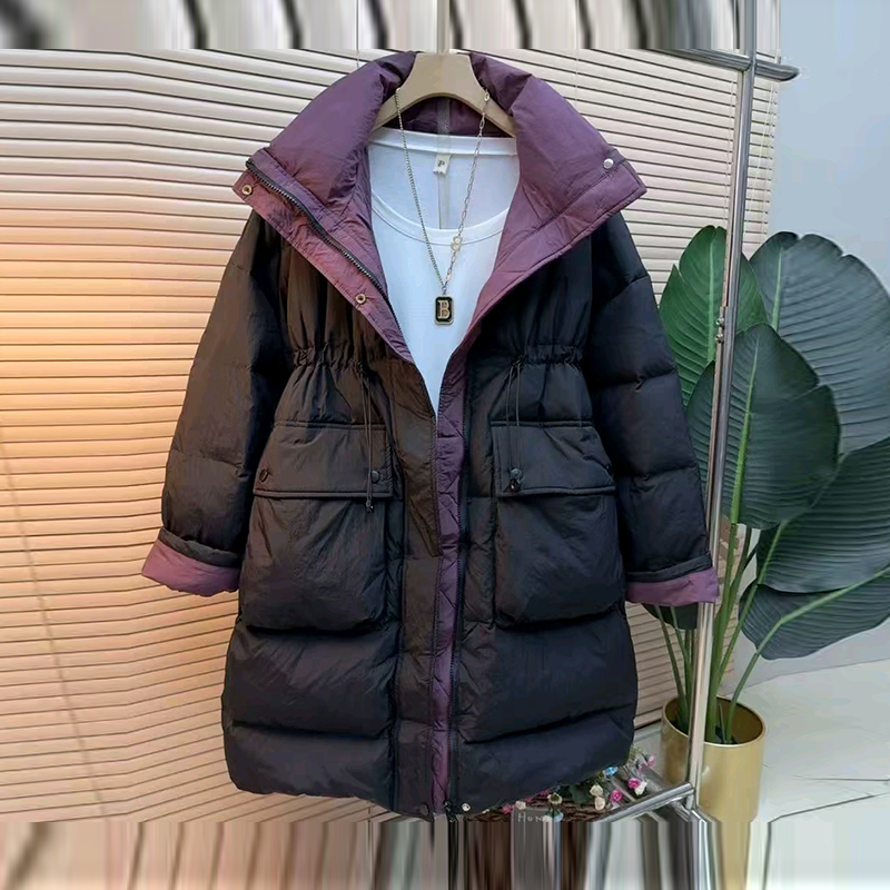 大码女装拼色领中长款棉服