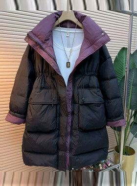 大码女装拼色领中长款棉服