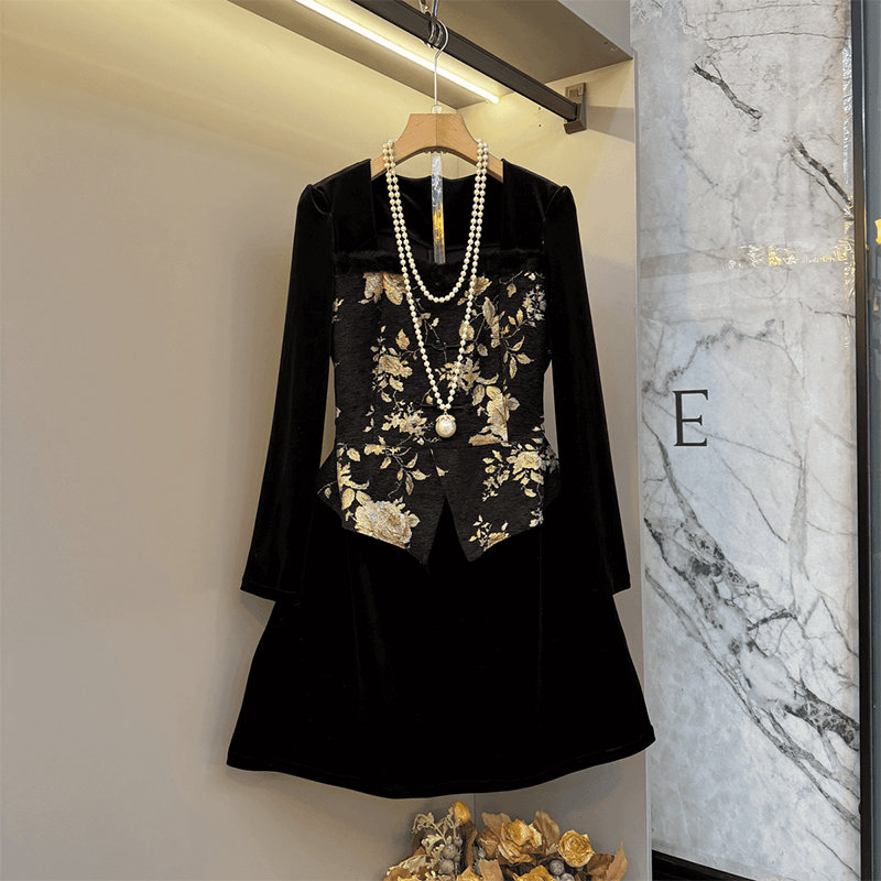 拼花朵长袖收腰假两件连衣裙