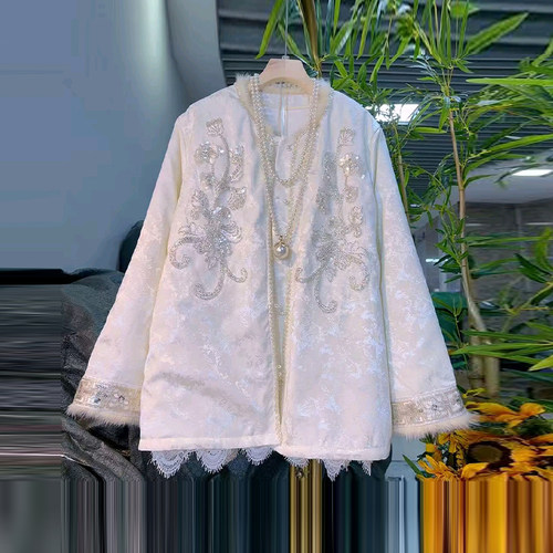 串珠亮片花长袖暗花新中式棉服