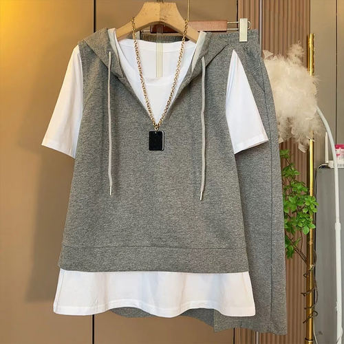 连帽V领马甲短袖圆领T恤衫半身裙
