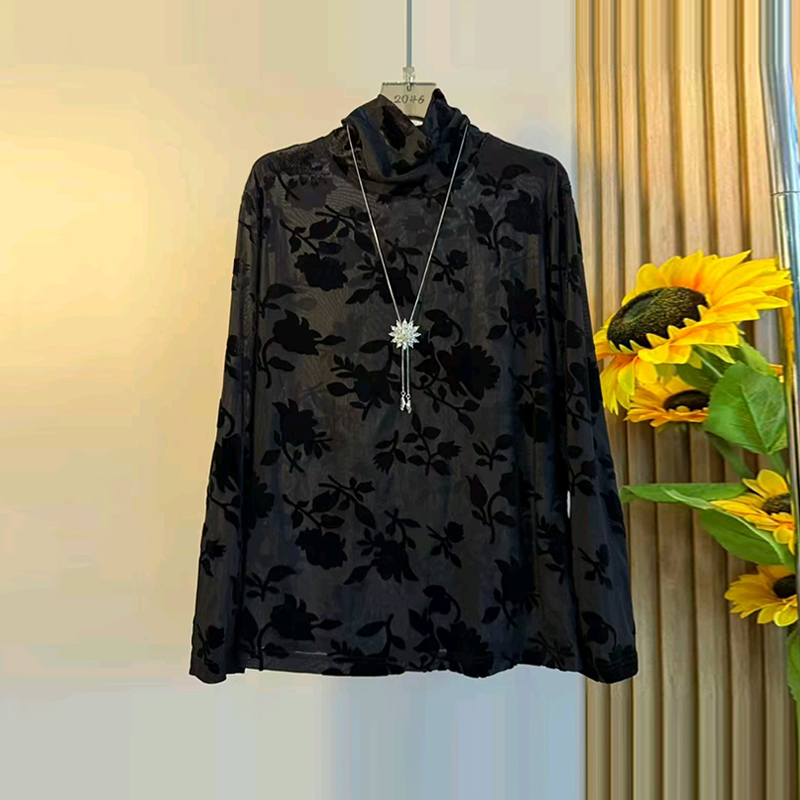 大码高领长袖花朵小衫