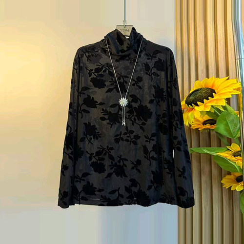 大码高领长袖花朵小衫