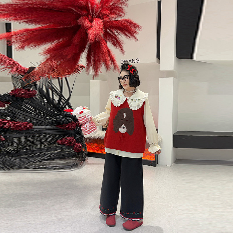 大码女装卡通图案针织马甲娃娃领长袖衬衫胖妹妹拼色裤脚阔腿裤子,女装/女士精品,大码内搭,淘宝优惠券,粉丝福利购,淘宝优惠卷