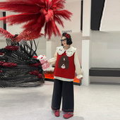 脚阔腿裤 大码 子 衬衫 胖妹妹拼色裤 女装 卡通图案针织马甲娃娃领长袖