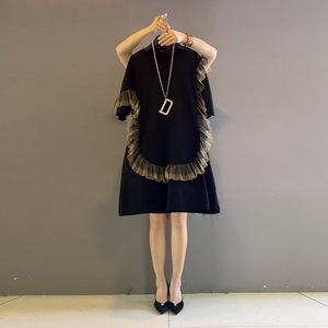 大码女装胖妹妹2026女裙新款气质洋气减龄显瘦遮肉圆领网纱连衣裙