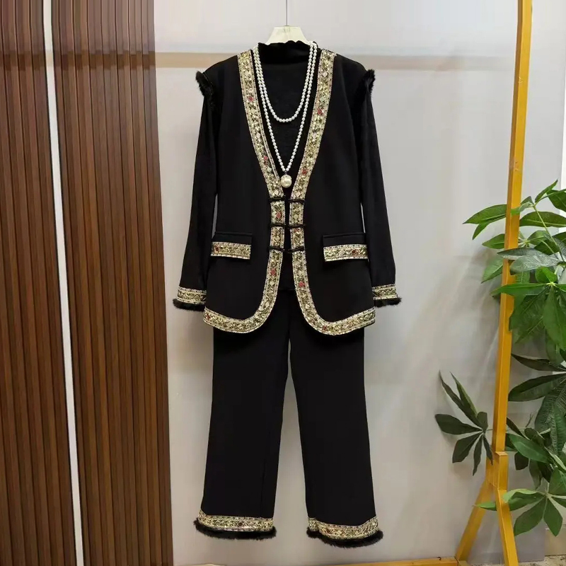 V领拼花朵边马甲长袖打底衫长裤