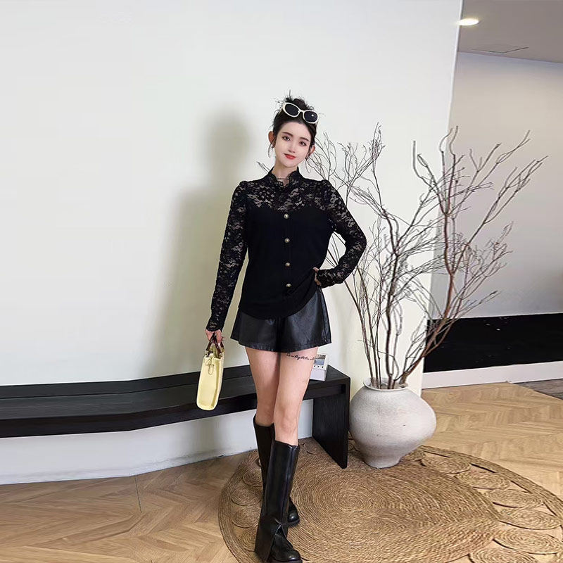 胖MM加肥立领蕾丝肩长袖打底衫法式小众设计大码女装百搭洋气上衣