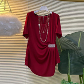 上衣大码 女装 收腰烫钻压褶短袖 胖妹妹纯色简约气质轻松风半袖 小衫