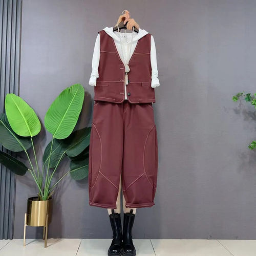 连帽长袖打底衫V领马甲束脚长裤