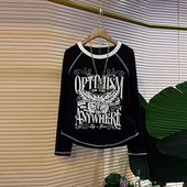 款 大码 显瘦上衣 打底T恤衫 胖MM休闲百搭秋季 女装 圆领字母蝴蝶长袖
