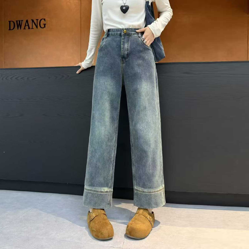 大码拼接裤脚九分牛仔裤