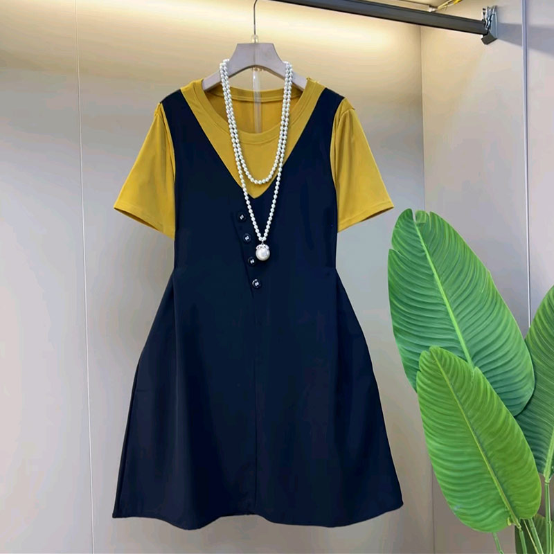 加大码女装圆领短袖拼色假两件连衣裙胖妹妹夏季款韩版显瘦休闲裙