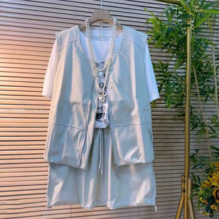 胖妹妹按扣圆领马甲短袖T恤衫荷叶边裙摆短裙大码女装夏季三件套