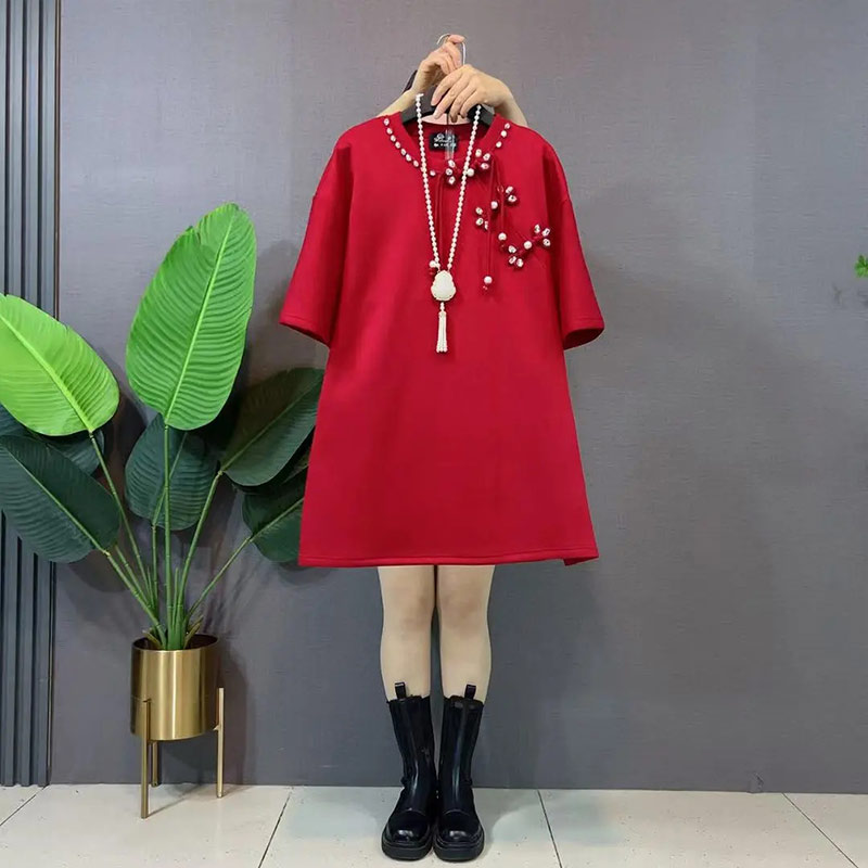 大码女装圆领短袖亮钻盘扣上衣