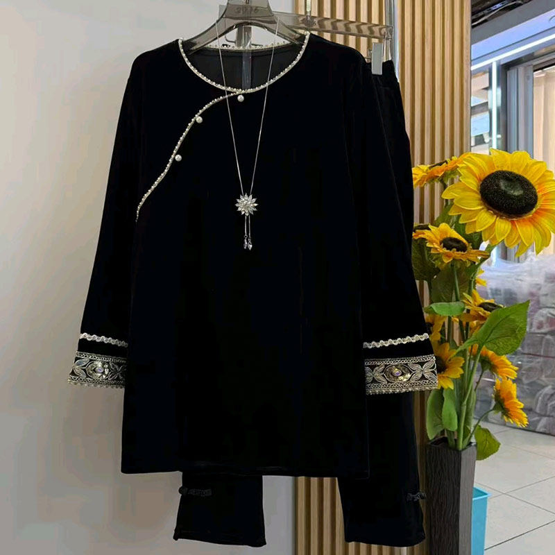 加肥大码女装拼色袖口圆领小衫胖妹妹黑色显瘦盘扣裤脚松紧腰裤子,女装/女士精品,大码内搭,淘宝优惠券,粉丝福利购,淘宝优惠卷