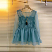 前压褶小衫 法式 小众设计大码 胖妹妹加肥方领网纱长袖 女装 洋气上衣